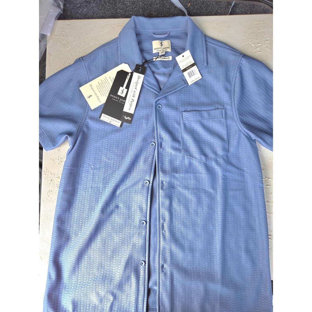 Scott James Mens Blue Textured Short Sleeve Camp Collar Button Down Shirt Medium